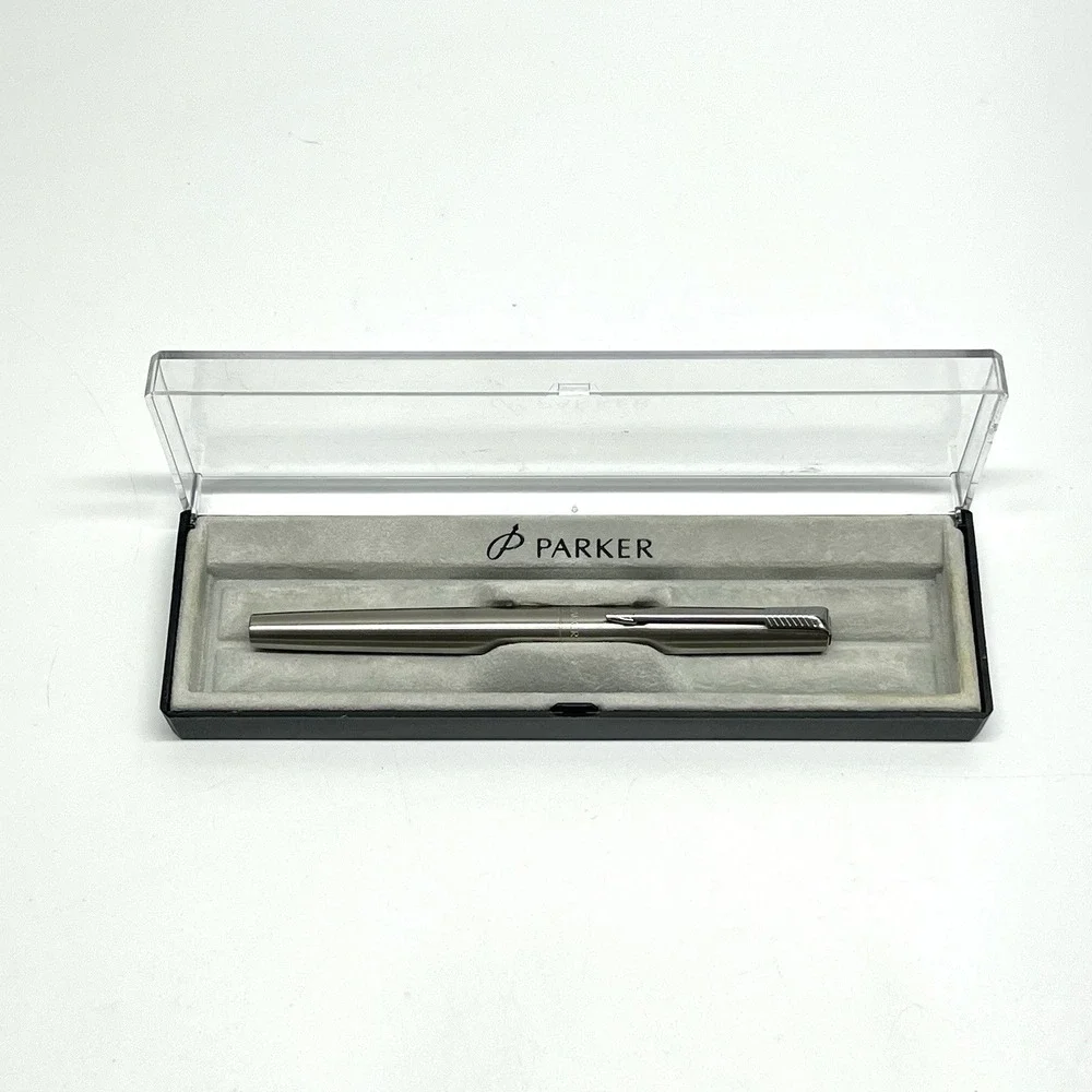 Parker Brushed Steel Fountain Pen M Nib Made In UK In Box No ink